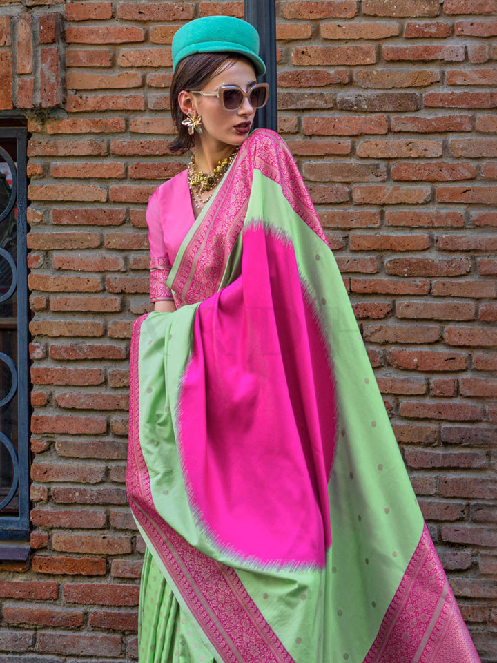 Neon Green & Pink Soft Silk Handloom Saree with Zari Accents Designer Statement Piece