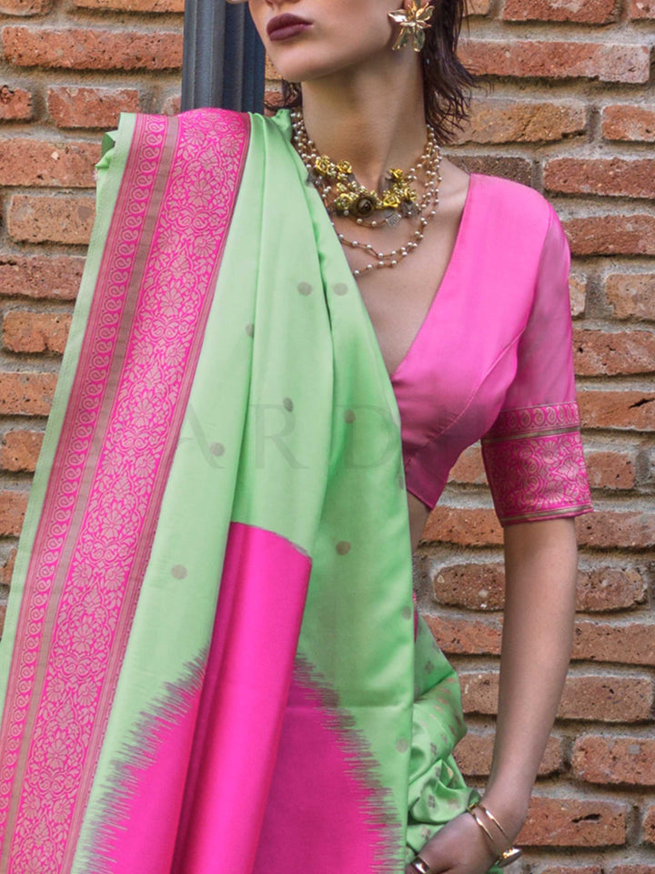 Neon Green & Pink Soft Silk Handloom Saree with Zari Accents Designer Statement Piece