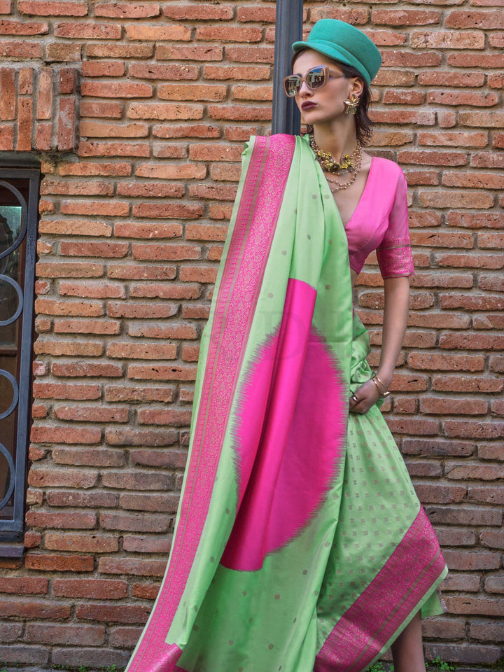 Neon Green & Pink Soft Silk Handloom Saree with Zari Accents Designer Statement Piece