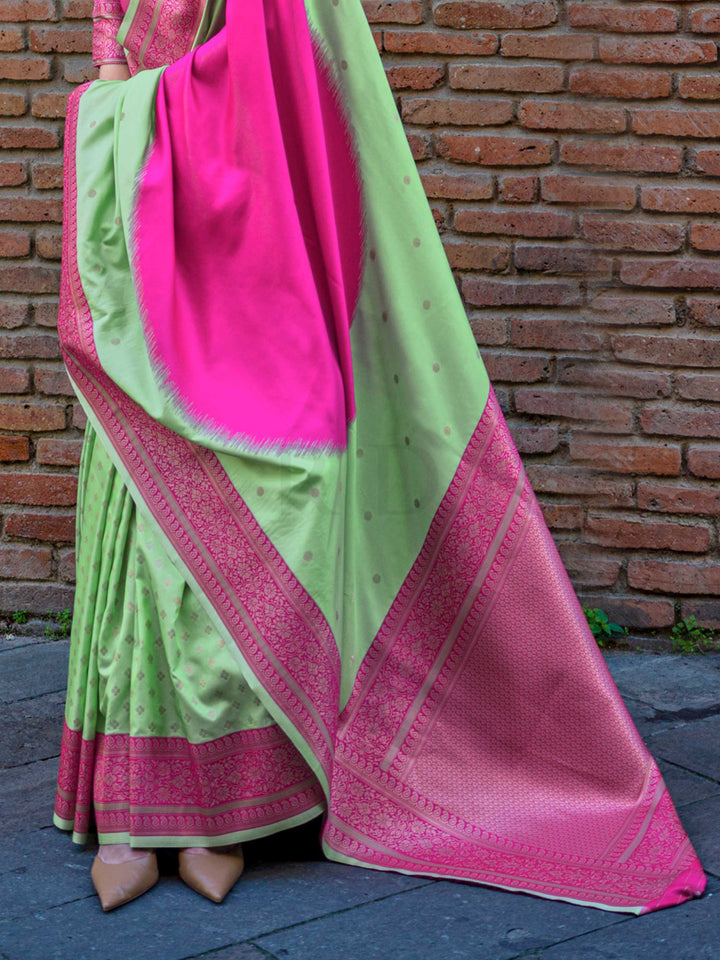 Neon Green & Pink Soft Silk Handloom Saree with Zari Accents Designer Statement Piece