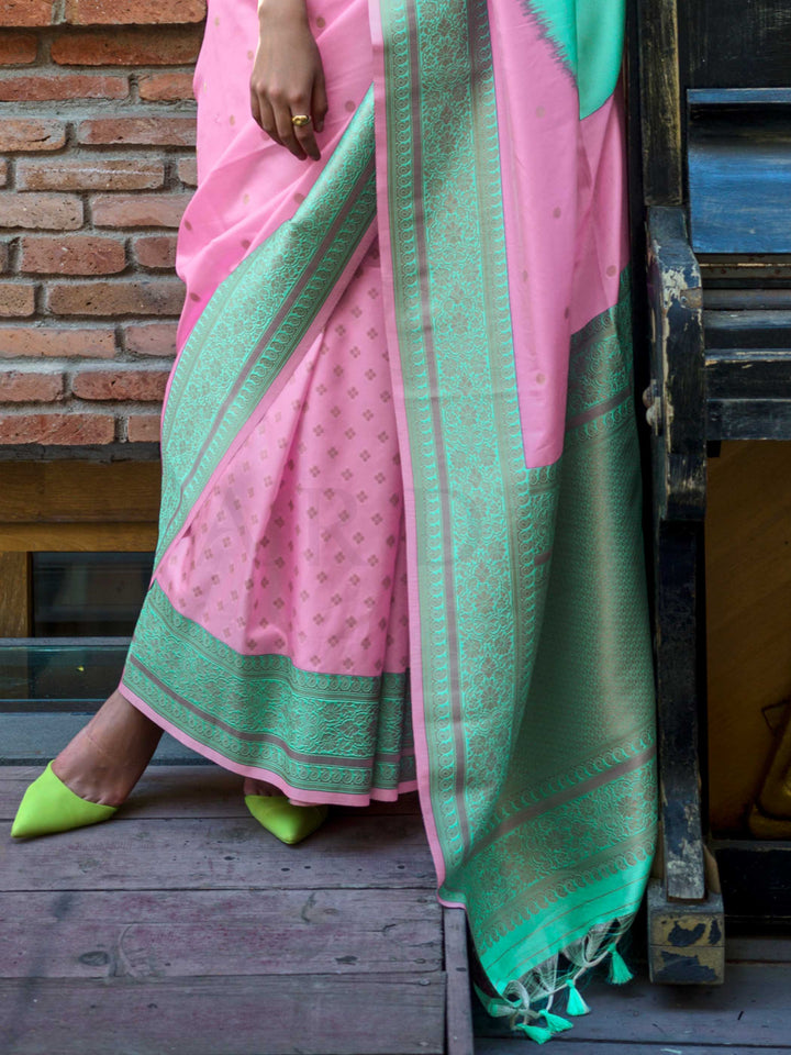 Blush Pink & Mint Green Soft Silk Handloom Saree with Embroidered Border Wedding Special