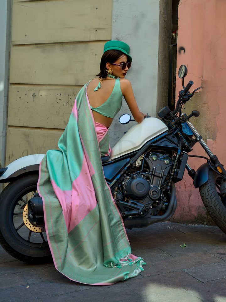 Blush Pink & Mint Green Soft Silk Handloom Saree with Embroidered Border Wedding Special