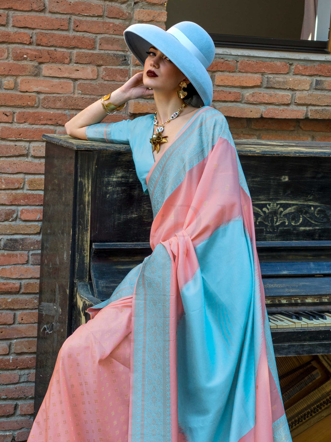 Sky Blue & Peach Soft Silk Handloom Saree with Pastel Palette