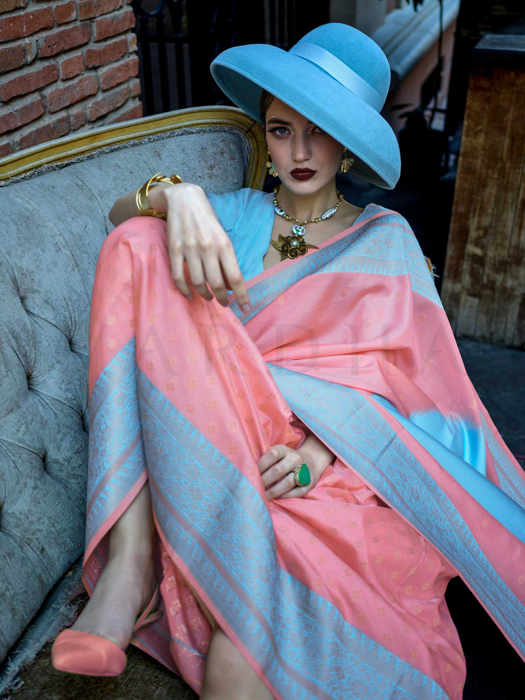Sky Blue & Peach Soft Silk Handloom Saree with Pastel Palette