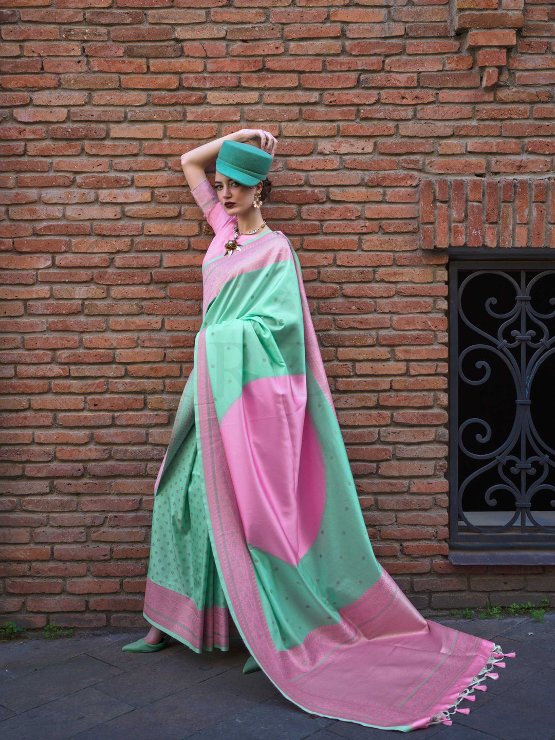 Lime Green & Rose Pink Soft Silk Handloom Saree with Subtle Weave Modern Festive Look
