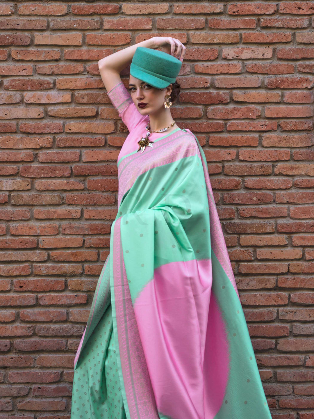Lime Green & Rose Pink Soft Silk Handloom Saree with Subtle Weave Modern Festive Look