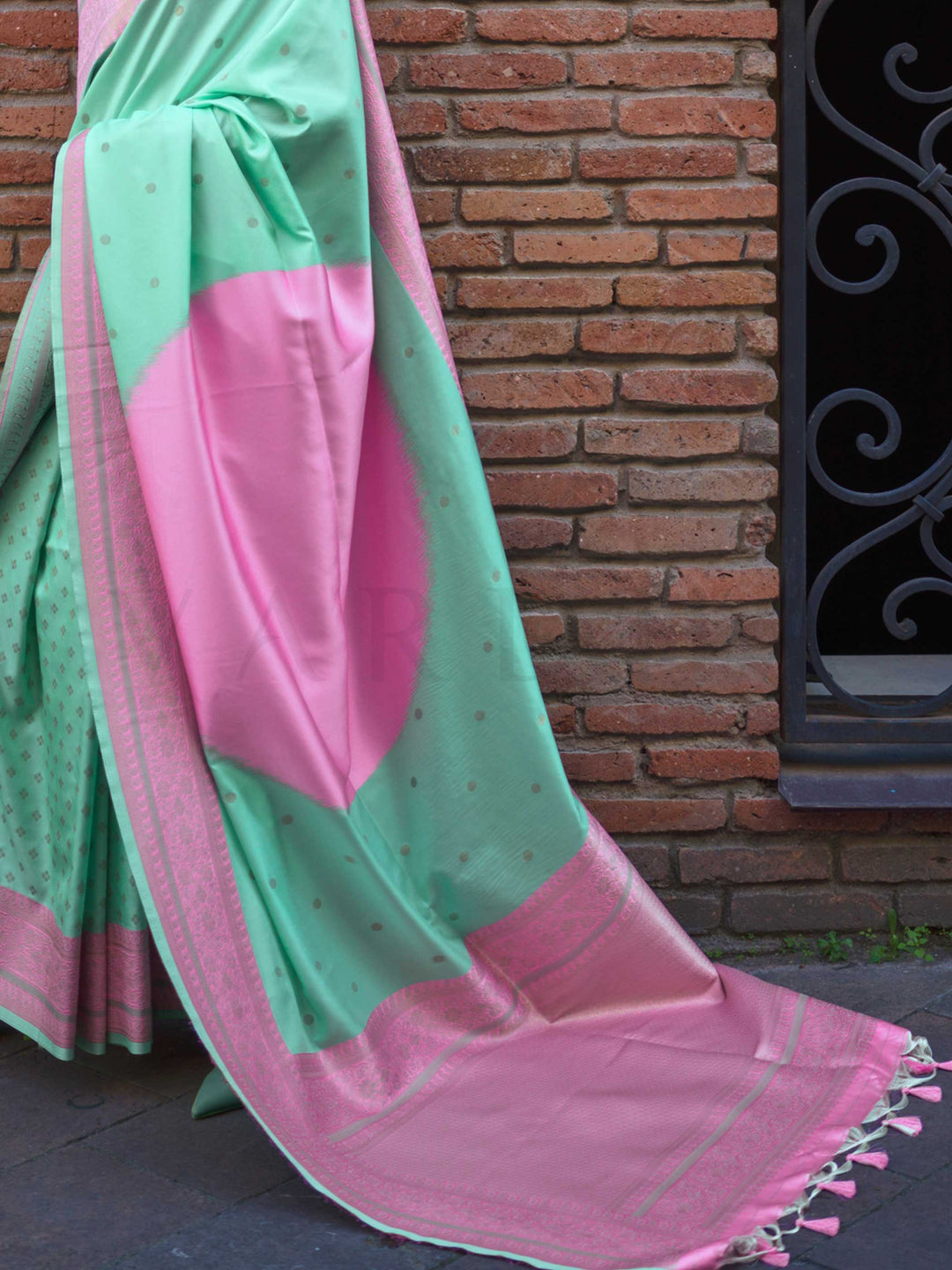 Lime Green & Rose Pink Soft Silk Handloom Saree with Subtle Weave Modern Festive Look