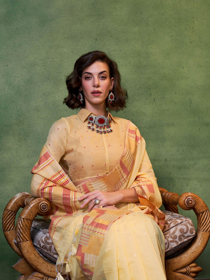 lemon yellow saree woven pallu cotton rustic border saree ethnic cotton drape