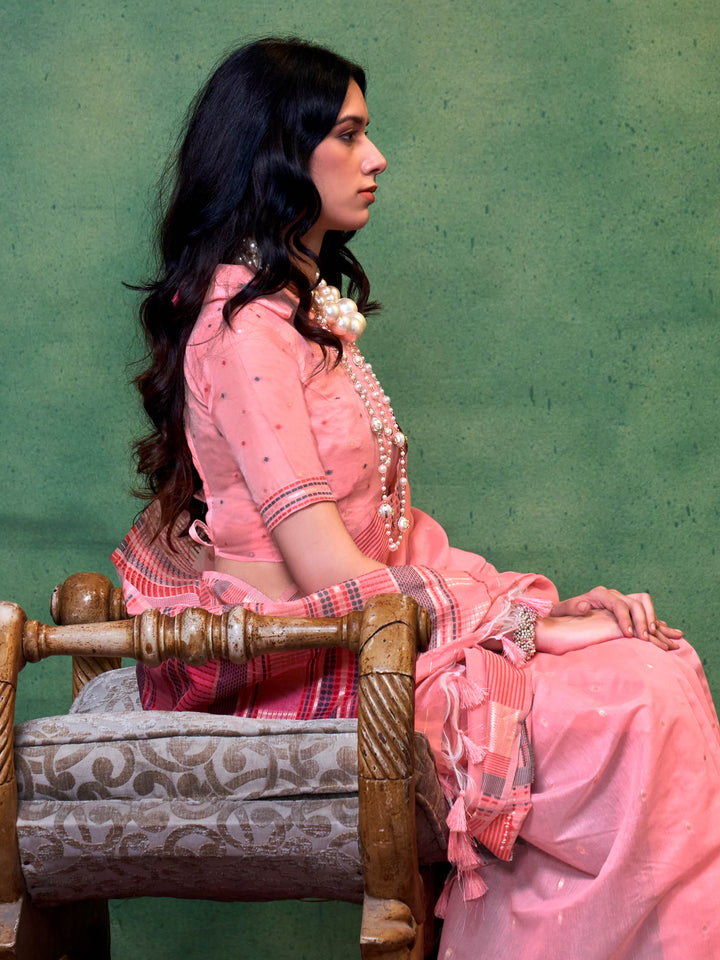 blush pink cotton saree soft pastel saree floral check border saree