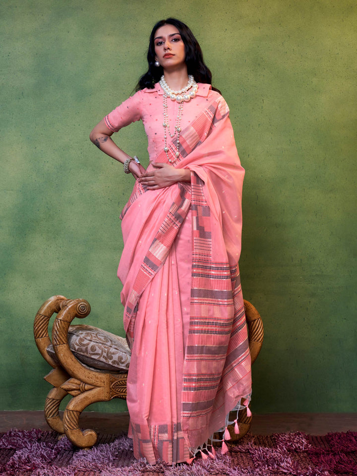Blush Pink–Grey cotton spun saree with floral check border and woven pallu, perfect for festive occasions. Elegant cotton saree in Blush Pink–Grey with breathable drape and soft floral borders.