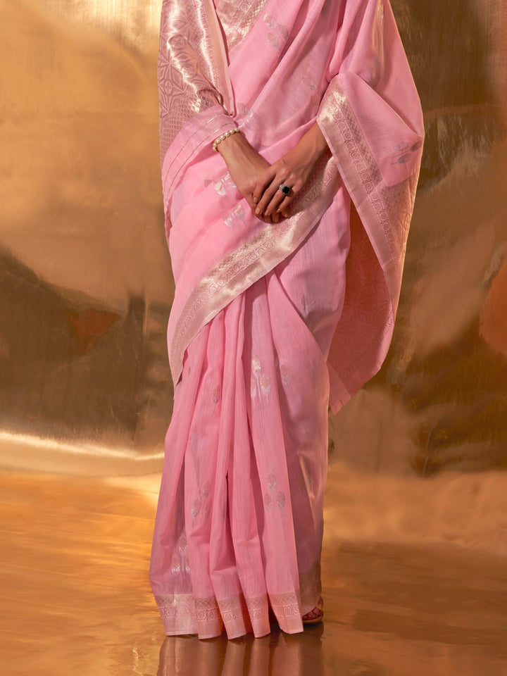 Baby Pink–Silver linen cotton saree perfect for mehendi, pooja or engagement festivities. Classic Baby Pink–Silver saree with light zari accents and contrast blouse suggestion.