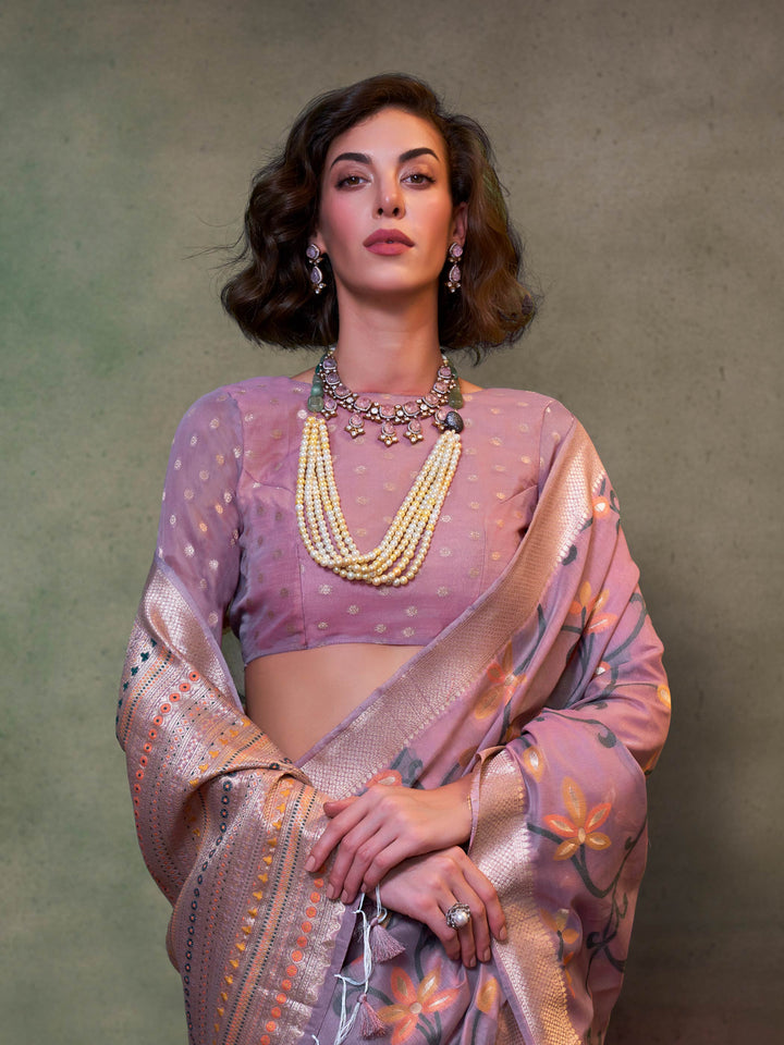 Mauve-Cream Lightweight Cotton Woven Saree