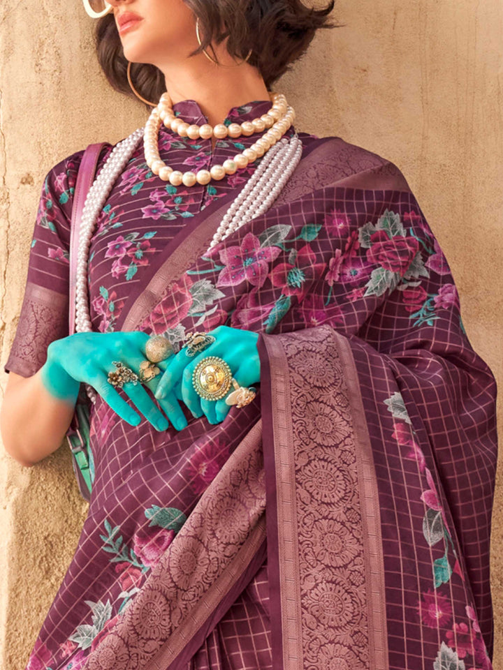 feathersoft saree floral print saree festive saree grid checks saree partywear drape floral saree for wedding printed pallu saree georgette feel saree lightweight ethnic wear floral silk saree modern wedding saree sangeet look saree haldi function saree saree for mehendi pastel print saree vibrant drape for party trending 2025 sarees printed border saree summer-friendly ethnic wear glam saree looks