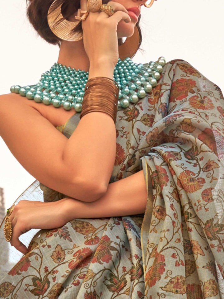 Powder Blue and Ivory zari tissue saree with printed floral motifs and zari pallu This image captures the zoomed texture view illustrating fabric weave and print clarity, ideal for visualizing festive elegance, designer appeal, and modern styling inspiration. Perfect for online shoppers seeking detailed previews before purchase, enhancing saree visual merchandising and SEO-rich product display strategy.