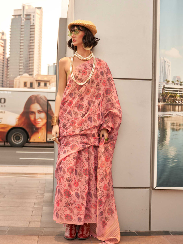 Blush Pink and Rose Gold zari tissue saree with printed floral motifs and zari pallu This image captures the front drape view highlighting pallu fall and pleats alignment, ideal for visualizing festive elegance, designer appeal, and modern styling inspiration. Perfect for online shoppers seeking detailed previews before purchase, enhancing saree visual merchandising and SEO-rich product display strategy.