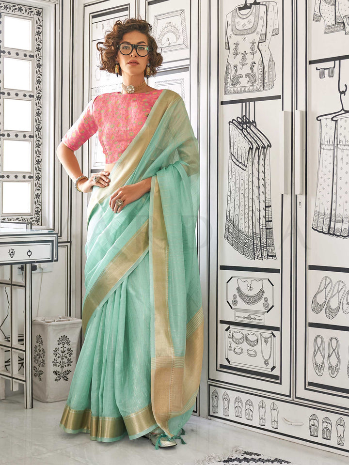 Mint Green moss chiffon saree styled for front profile This image captures the front drape view highlighting pallu fall and pleats alignment, ideal for visualizing festive elegance, designer appeal, and modern styling inspiration. Perfect for online shoppers seeking detailed previews before purchase, enhancing saree visual merchandising and SEO-rich product display strategy.