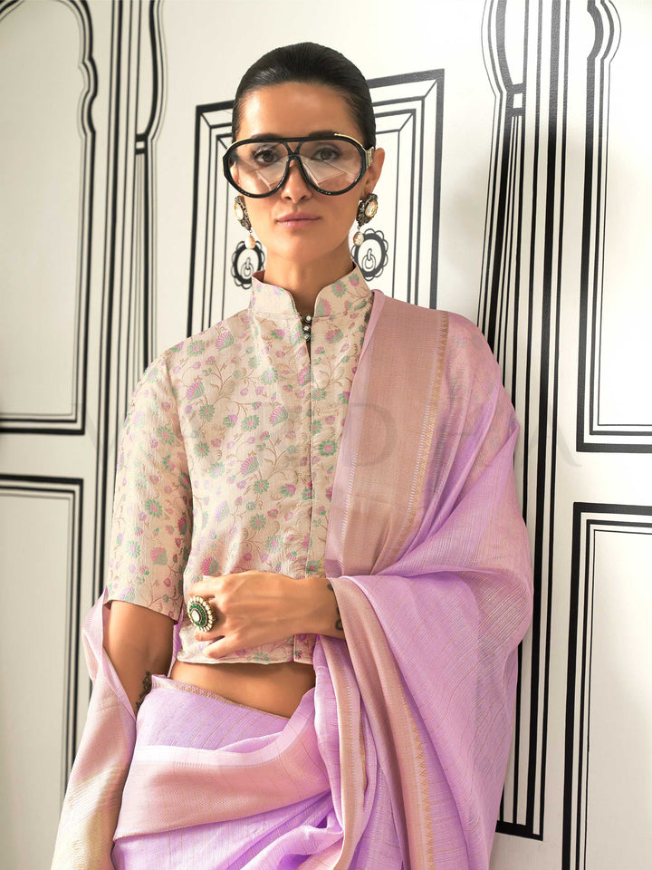 Lavender moss chiffon saree styled for front profile This image captures the model styling perspective with complete saree ensemble displayed, ideal for visualizing festive elegance, designer appeal, and modern styling inspiration. Perfect for online shoppers seeking detailed previews before purchase, enhancing saree visual merchandising and SEO-rich product display strategy.