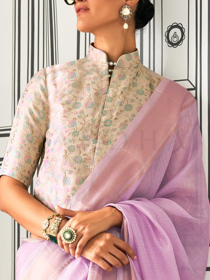 Lavender moss chiffon saree styled for front profile This image captures the zoomed texture view illustrating fabric weave and print clarity, ideal for visualizing festive elegance, designer appeal, and modern styling inspiration. Perfect for online shoppers seeking detailed previews before purchase, enhancing saree visual merchandising and SEO-rich product display strategy.