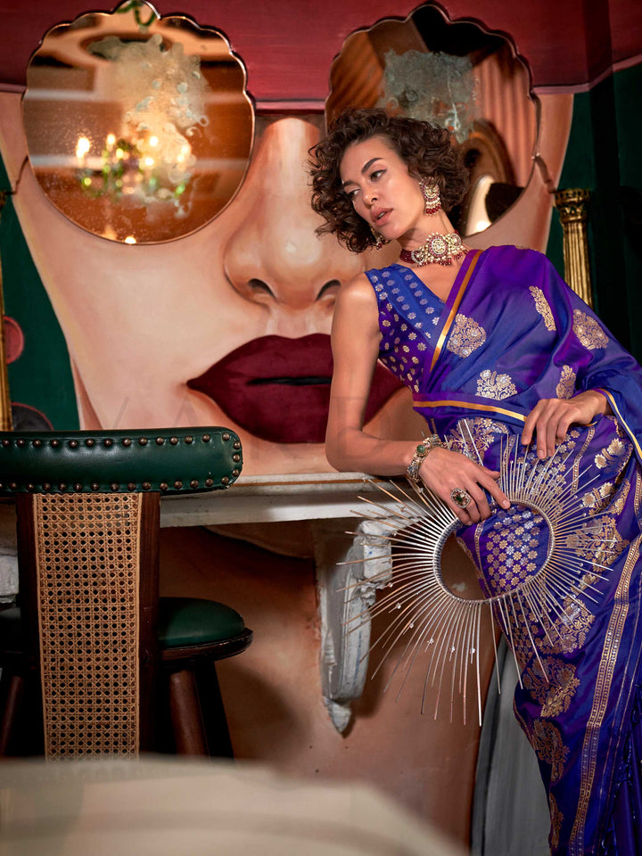 Royal Blue satin handloom silk saree with intricate brocade pallu, perfect for weddings and festive occasions This image captures the model styling perspective with complete saree ensemble displayed, ideal for visualizing festive elegance, designer appeal, and modern styling inspiration. Perfect for online shoppers seeking detailed previews before purchase, enhancing saree visual merchandising and SEO-rich product display strategy.