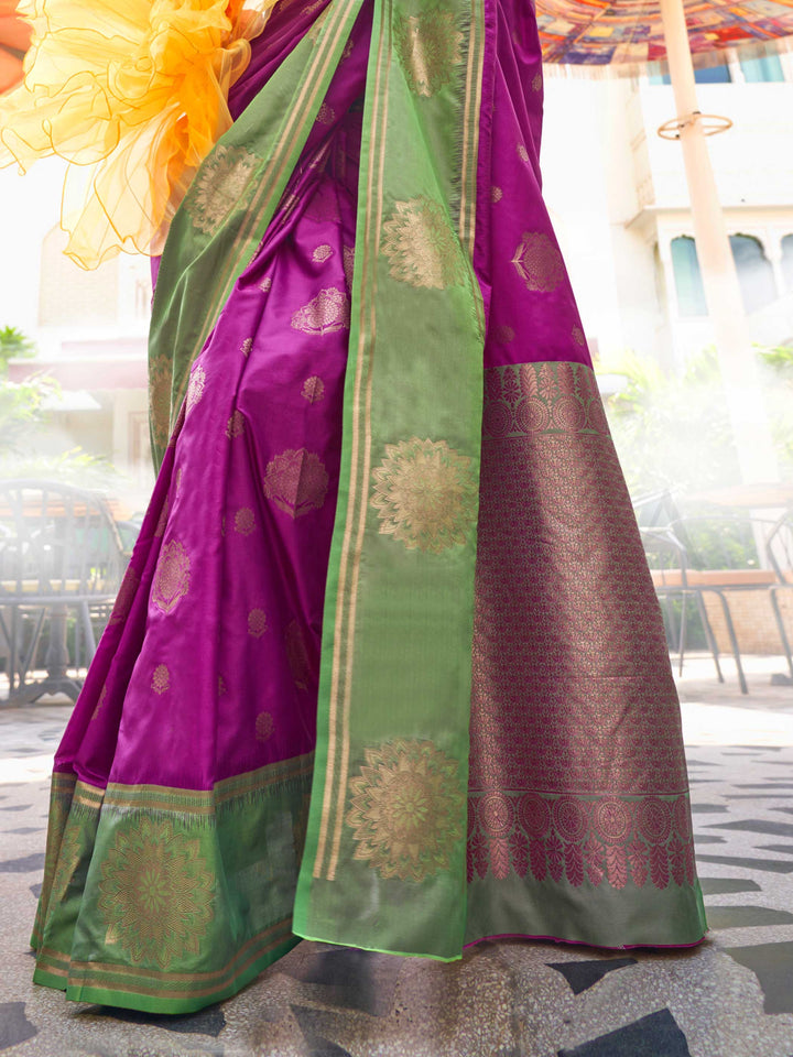 Artful Magenta–Green satin silk fabric with mandala buttas and contrast blouse pairing idea. Magenta–Green ethnic saree styled for parties, featuring woven motifs and soft luminous shine.