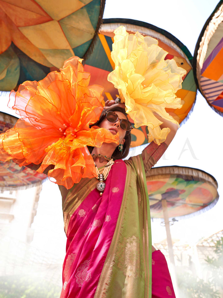 satin silk saree two tone saree zari border saree festive wear saree mandala woven saree contrast pallu saree vibrant ethnic saree luxurious party saree