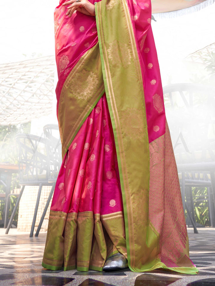 Artful Rani Pink–Leaf Green satin silk fabric with mandala buttas and contrast blouse pairing idea. Rani Pink–Leaf Green ethnic saree styled for parties, featuring woven motifs and soft luminous shine.