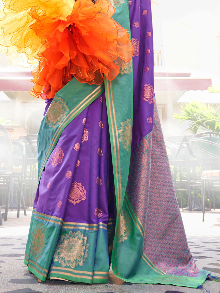 Artful Violet–Parrot Green satin silk fabric with mandala buttas and contrast blouse pairing idea. Violet–Parrot Green ethnic saree styled for parties, featuring woven motifs and soft luminous shine.