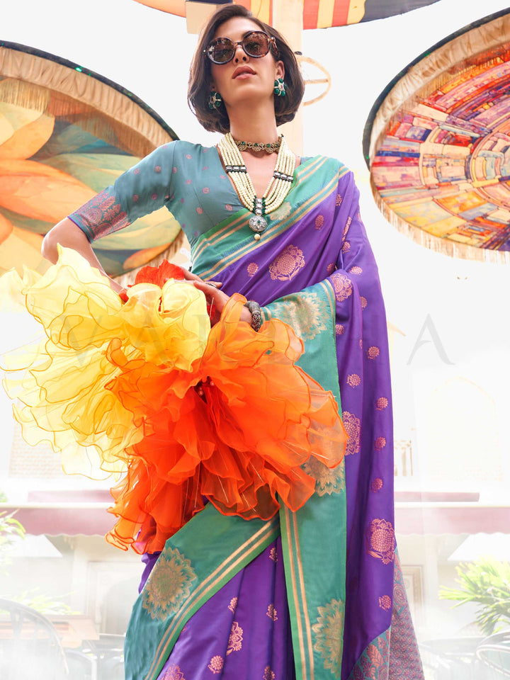 Elegant Violet–Parrot Green silk saree with jacquard weave and mandala inspired border detailing. Violet–Parrot Green saree for weddings and sangeet, finished with artistic zari craftsmanship and rich drape.