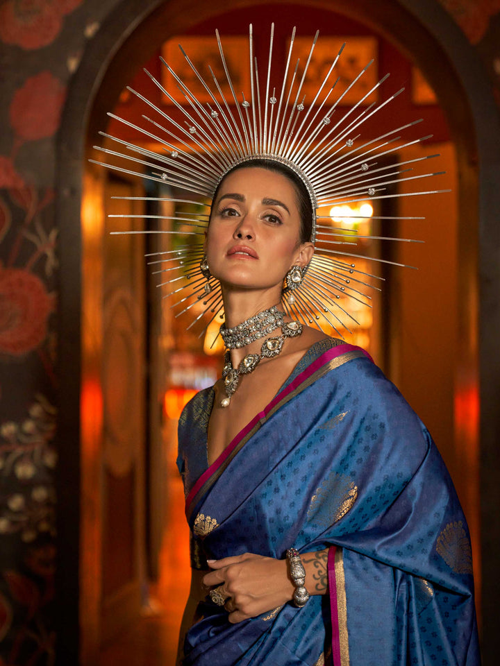 Banarasi Sarees Satin Silk Sarees Blue Reception Wedding Blue Kaakshi Blue Gold