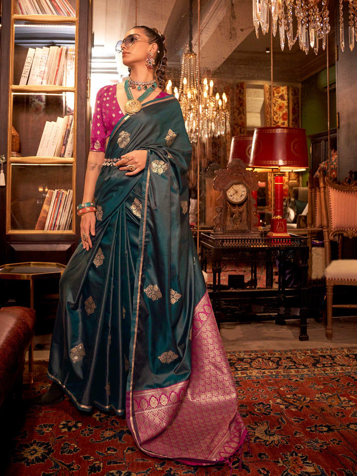 Peacock Blue Satin Silk Saree with Woven Zari Work