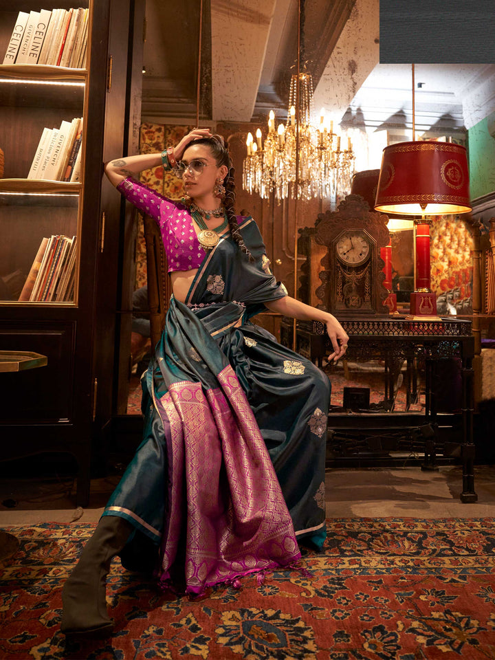 Peacock Blue Satin Silk Saree with Woven Zari Work