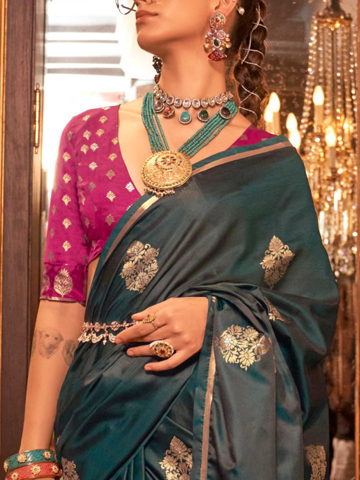 Peacock Blue Satin Silk Saree with Woven Zari Work