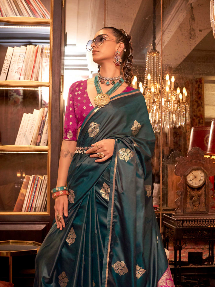 Peacock Blue Satin Silk Saree with Woven Zari Work