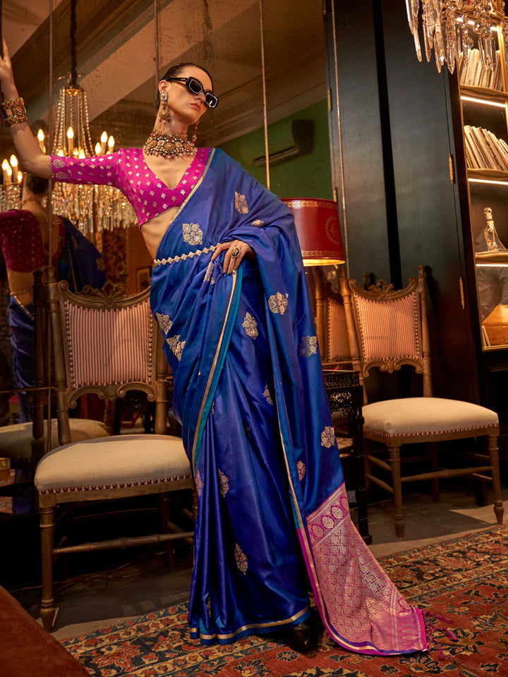 Royal Blue Satin Silk Saree with Woven Zari Work