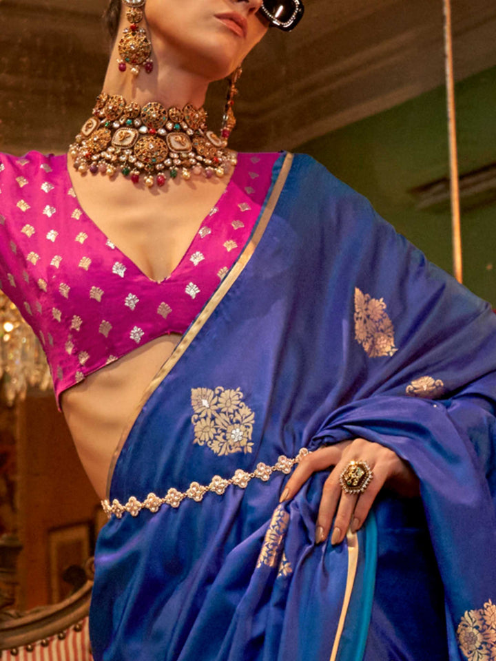 Royal Blue Satin Silk Saree with Woven Zari Work