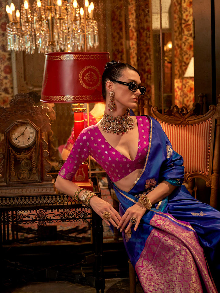 Royal Blue Satin Silk Saree with Woven Zari Work