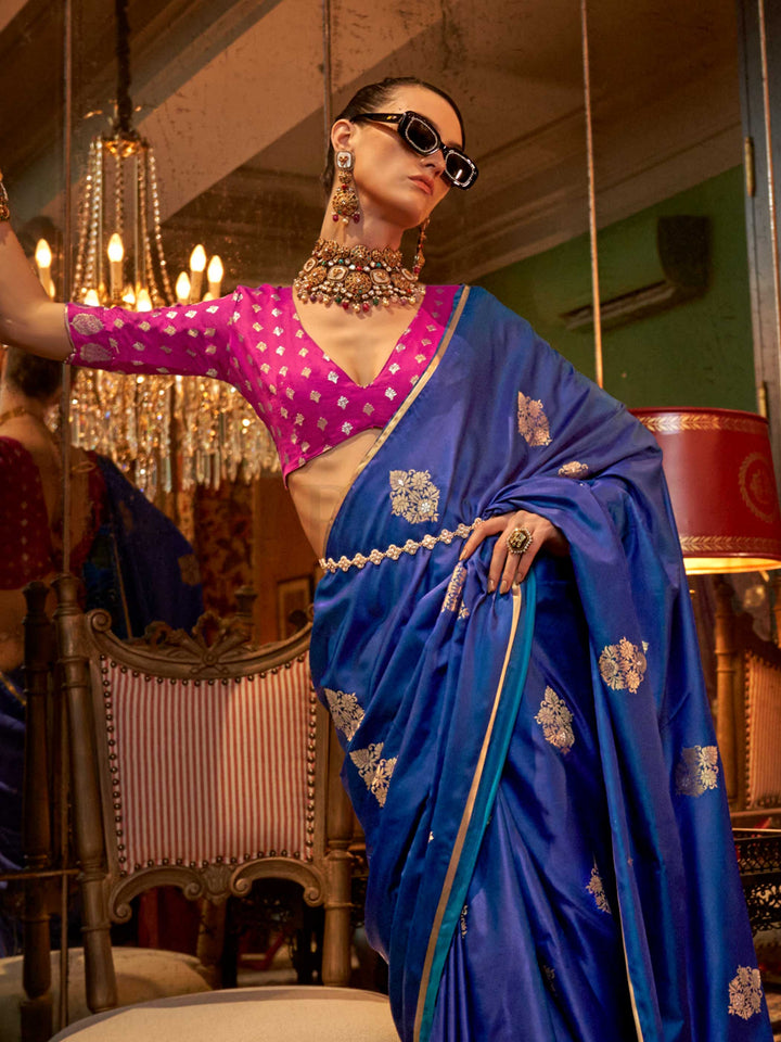 Royal Blue Satin Silk Saree with Woven Zari Work