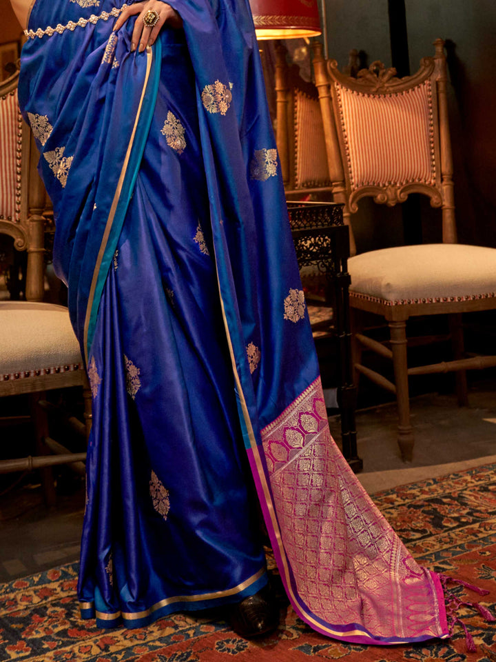 Royal Blue Satin Silk Saree with Woven Zari Work