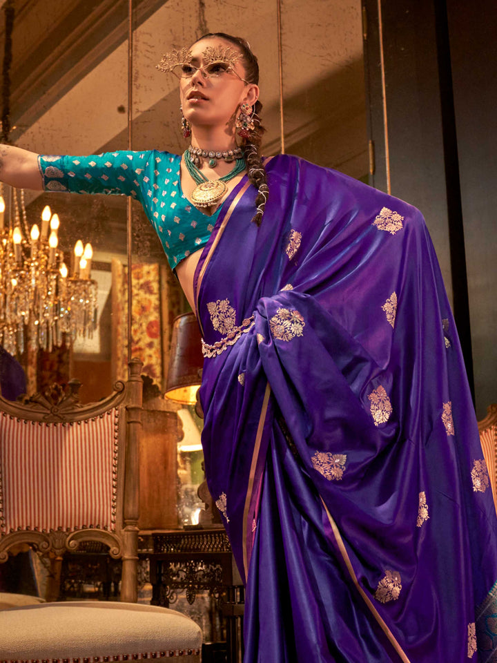 Purple Satin Silk Saree with Woven Zari Work