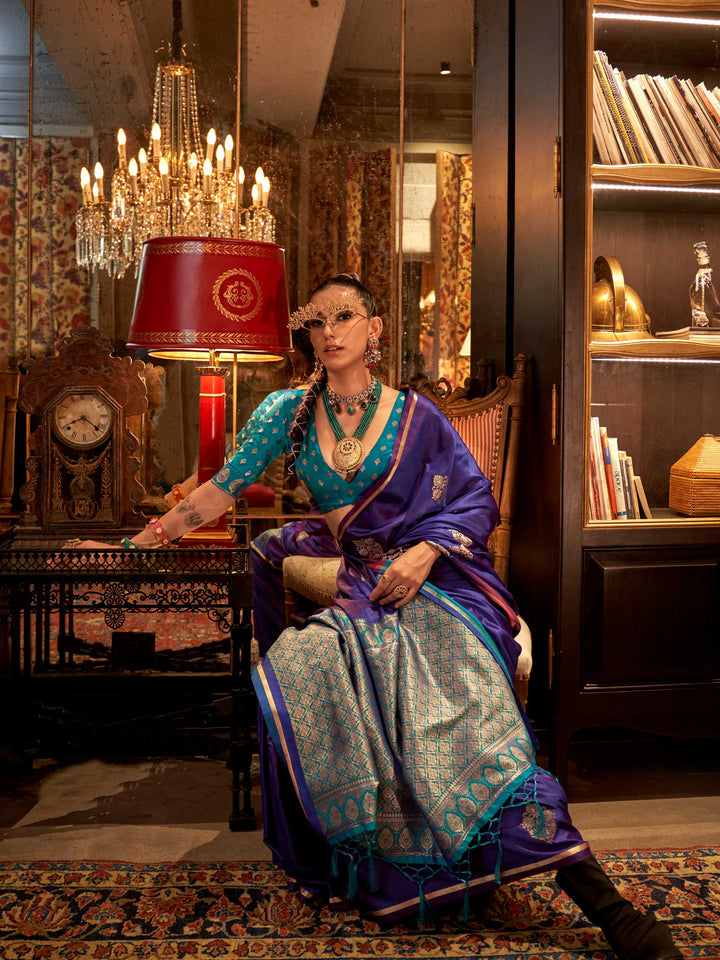 Purple Satin Silk Saree with Woven Zari Work