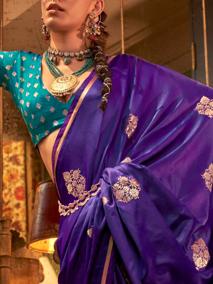 Purple Satin Silk Saree with Woven Zari Work