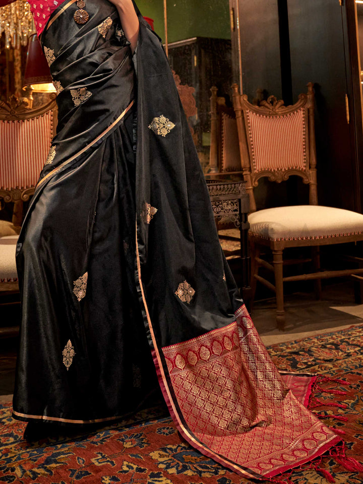 Midnight Black Satin Silk Saree with Woven Zari Work
