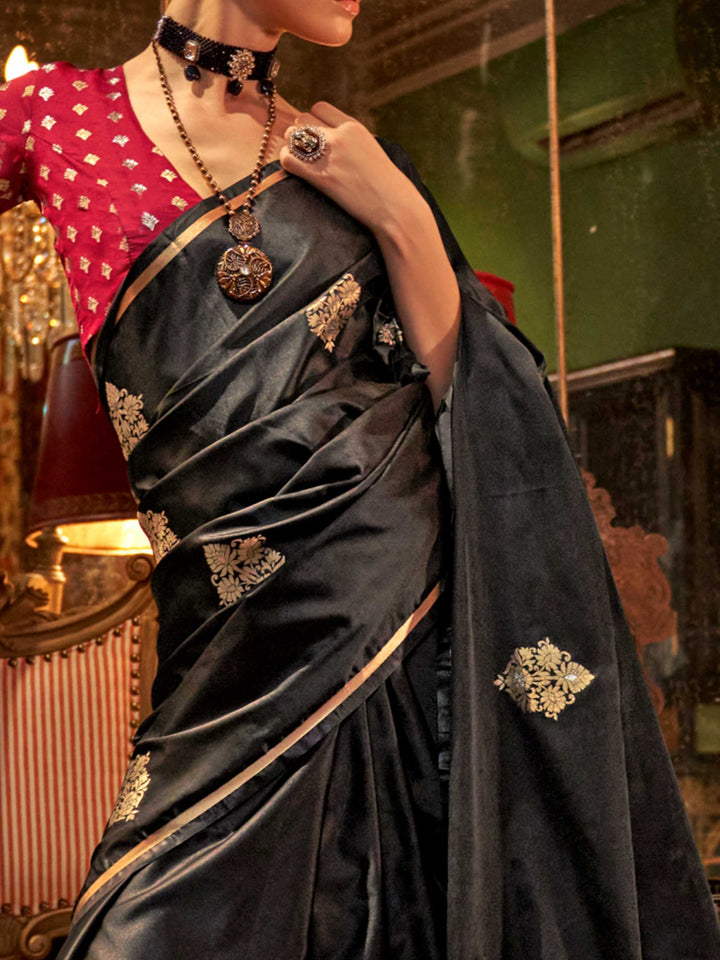 Midnight Black Satin Silk Saree with Woven Zari Work