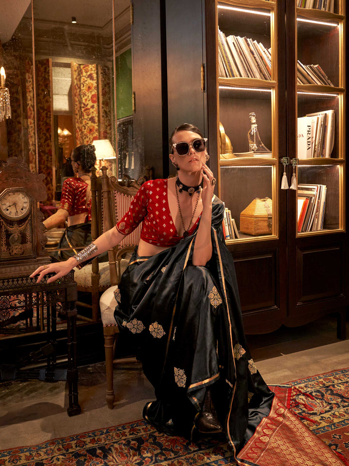 Midnight Black Satin Silk Saree with Woven Zari Work