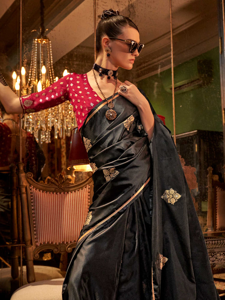 Midnight Black Satin Silk Saree with Woven Zari Work