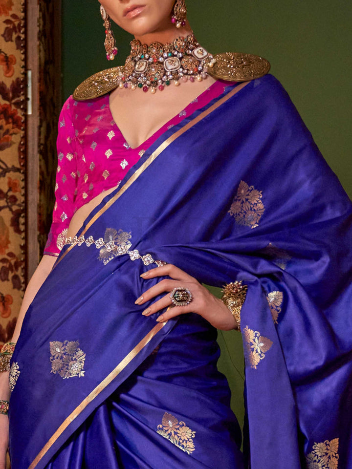 Ink Blue Satin Silk Saree with Woven Zari Work