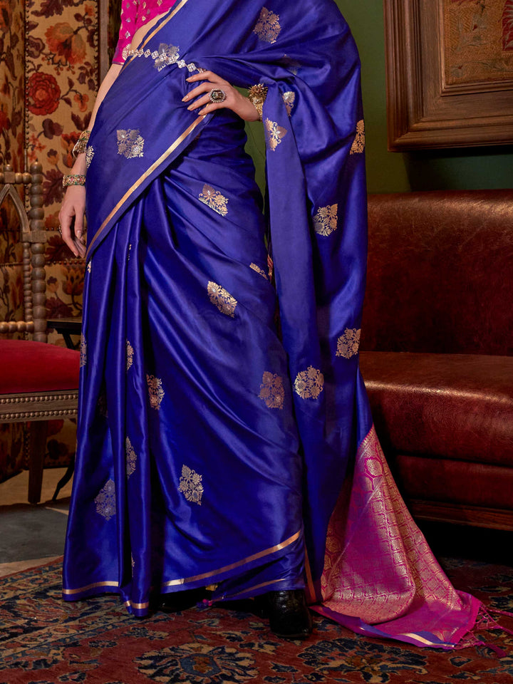Ink Blue Satin Silk Saree with Woven Zari Work