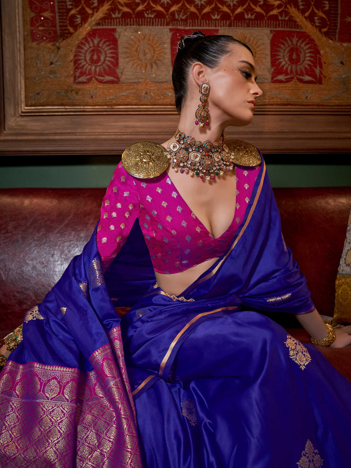 Ink Blue Satin Silk Saree with Woven Zari Work