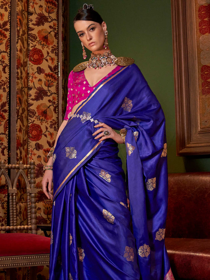 Ink Blue Satin Silk Saree with Woven Zari Work