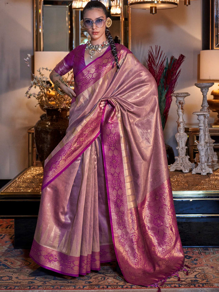 Golden Olive–Crimson Red tissue silk banarasi saree with bold ikat design woven in rich zari work for elegant events. Luxurious banarasi saree in Golden Olive–Crimson Red styled with contemporary blouse and statement jewelry..